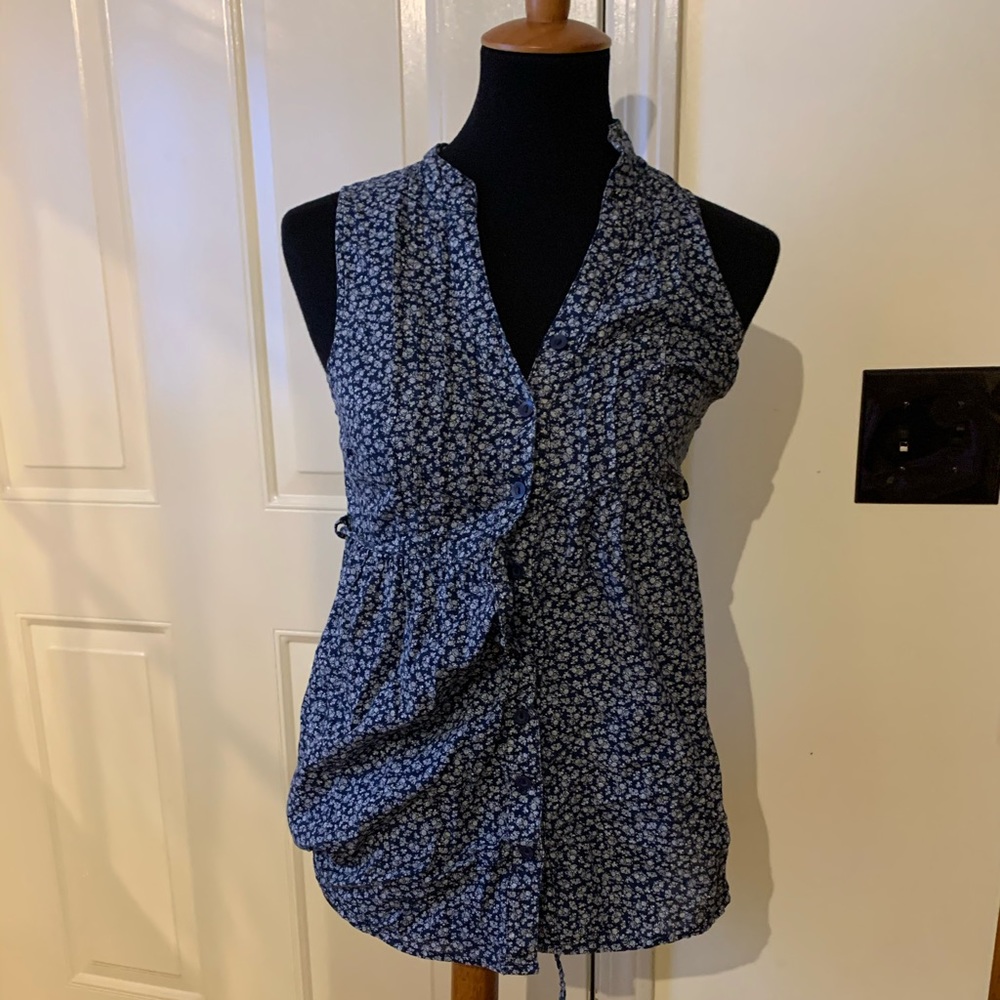 Forever 21 Navy floral long tie blouse